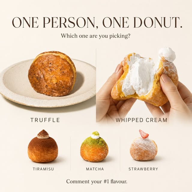 Truffle Donut flavour guide showing truffle, whipped cream, tiramisu, matcha, and strawberry