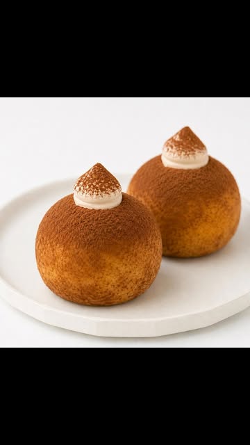 Two cocoa-dusted tiramisu donuts on a white plate